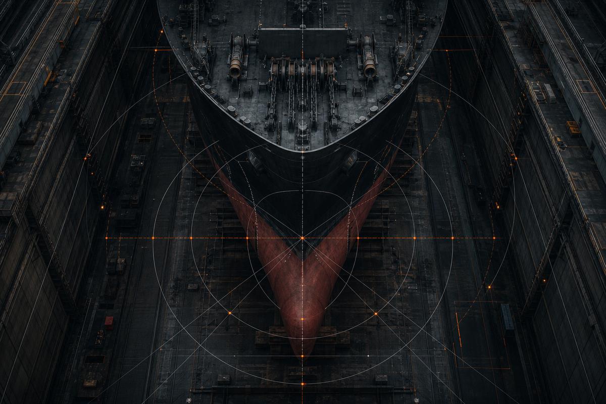 Commercial vessel hull in a dry dock viewed from above