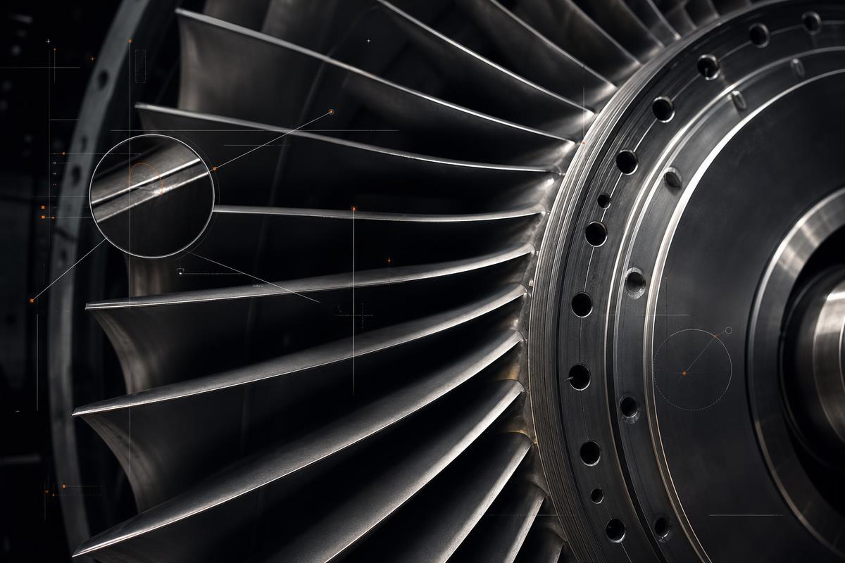 Industrial turbine blades with technical measurement overlays